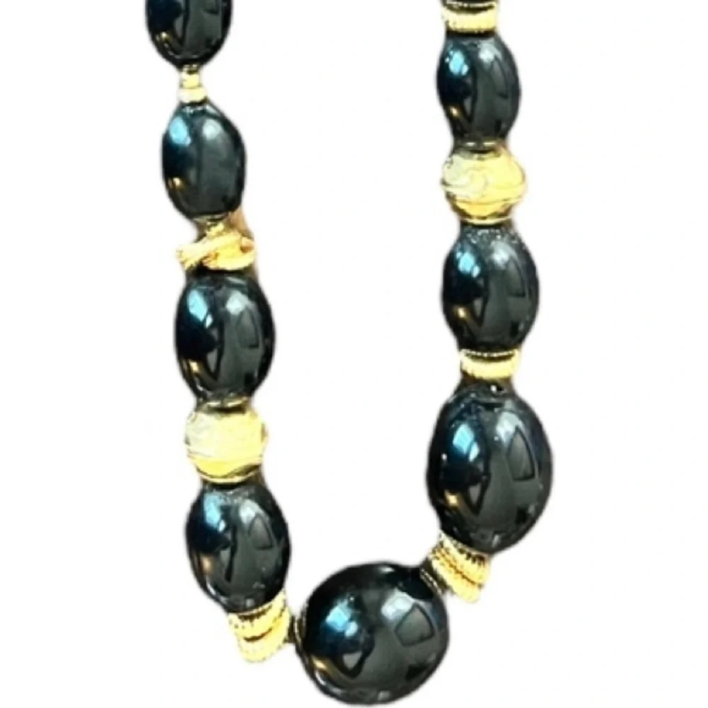 Vintage Necklace Long with Black Beads and Gold Accents